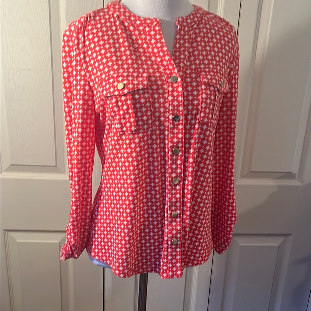 Charter Club Orange Buttoned Mandarin Collar Blouse